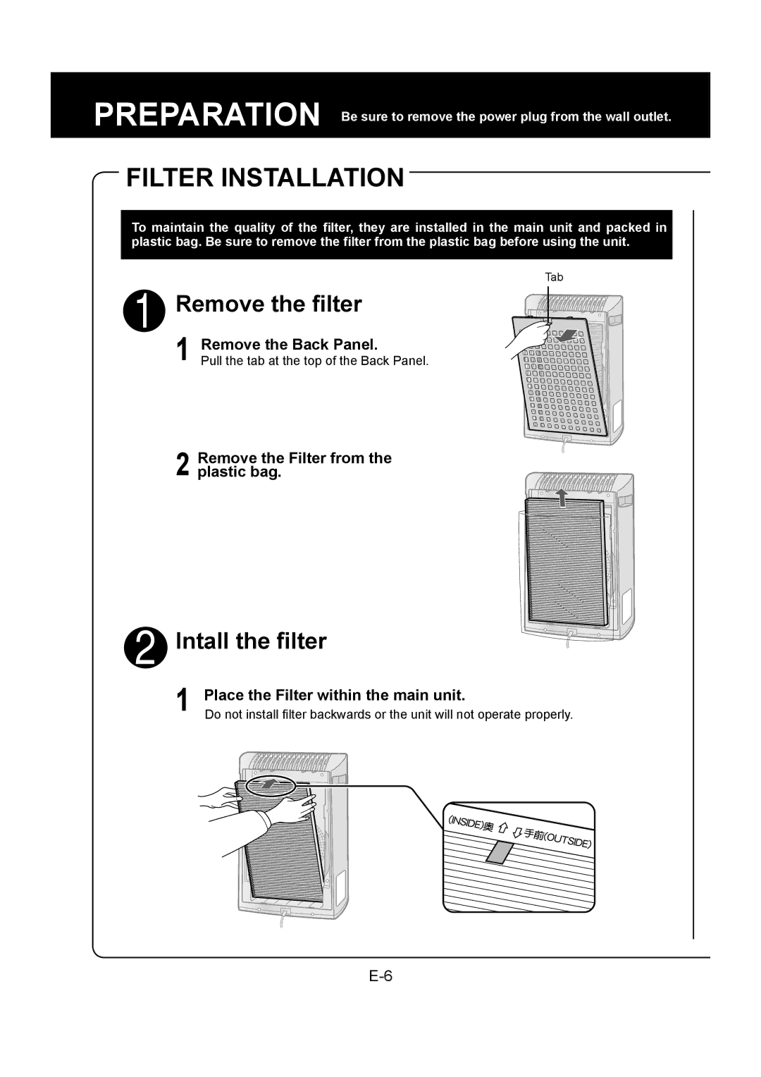 Sharp FU-Y30EU operation manual Filter Installation, Remove the Back Panel, Remove the Filter from the plastic bag 