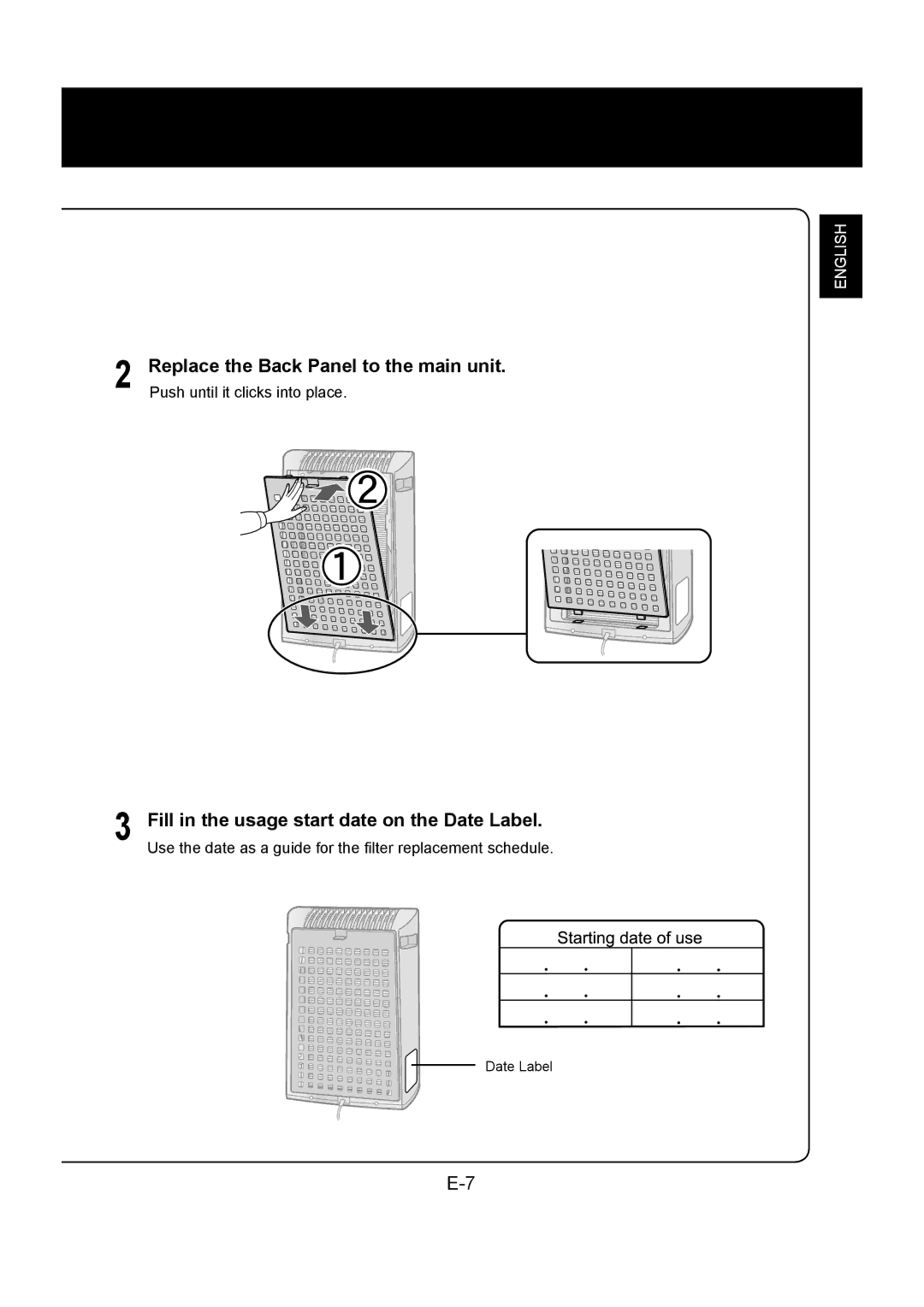 Sharp FU-Y30EU operation manual Replace the Back Panel to the main unit, Fill in the usage start date on the Date Label 