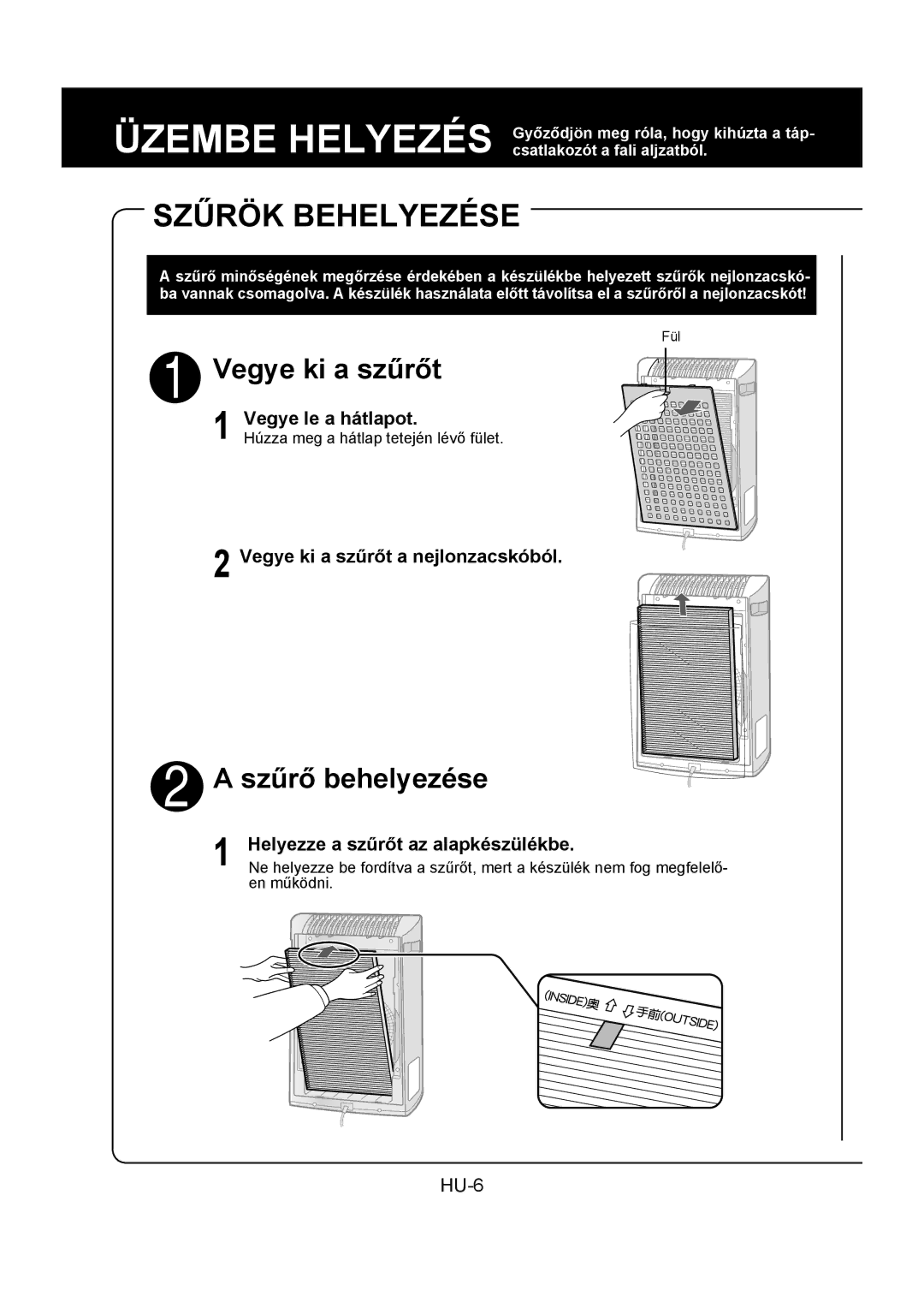 Sharp FU-Y30EU operation manual Szűrök Behelyezése, Vegye le a hátlapot, Vegye ki a szűrőt a nejlonzacskóból 