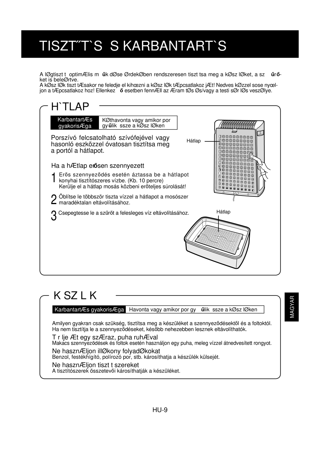 Sharp FU-Y30EU operation manual Tisztítás ÉS Karbantartás, Hátlap, Készülék 