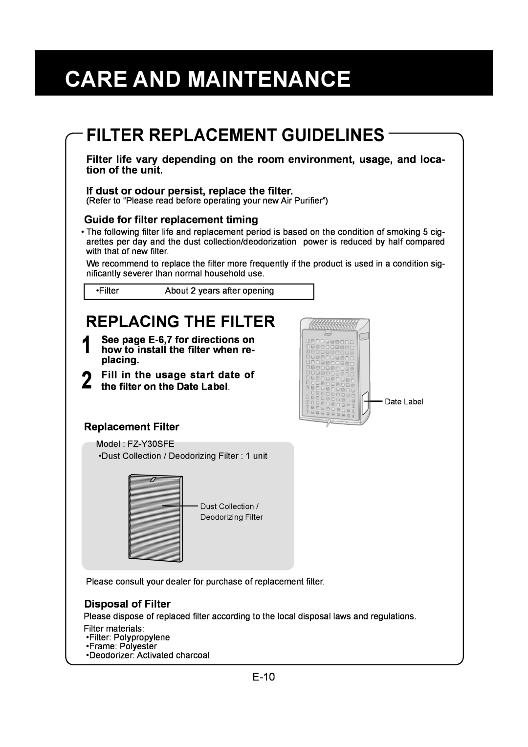 Sharp FU-Y30EU Filter Replacement Guidelines, Replacing The Filter, Care And Maintenance, Replacement Filter, E-10 