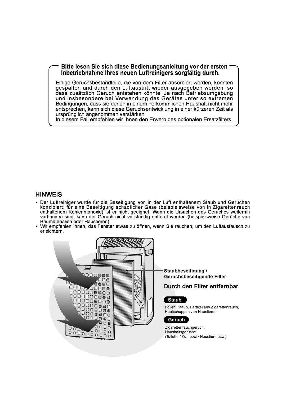 Sharp FU-Y30EU operation manual Hinweis, Durch den Filter entfernbar 