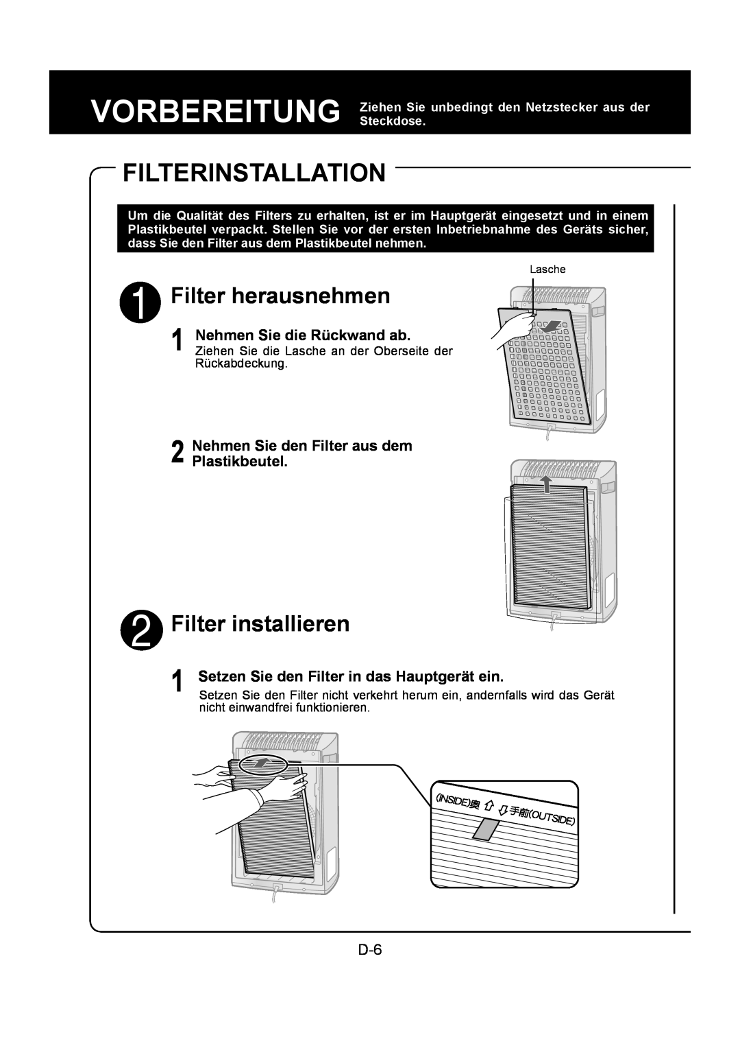 Sharp FU-Y30EU Filterinstallation, Filter herausnehmen, Filter installieren, Nehmen Sie den Filter aus dem Plastikbeutel 