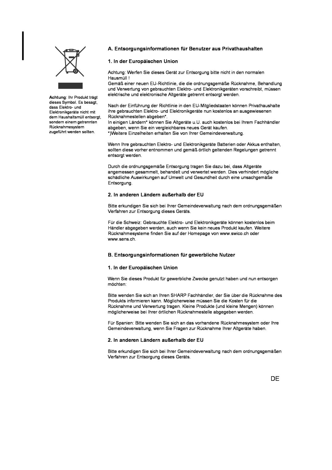 Sharp FU-Y30EU Deutsch, A. Entsorgungsinformationen für Benutzer aus Privathaushalten, In der Europäischen Union 