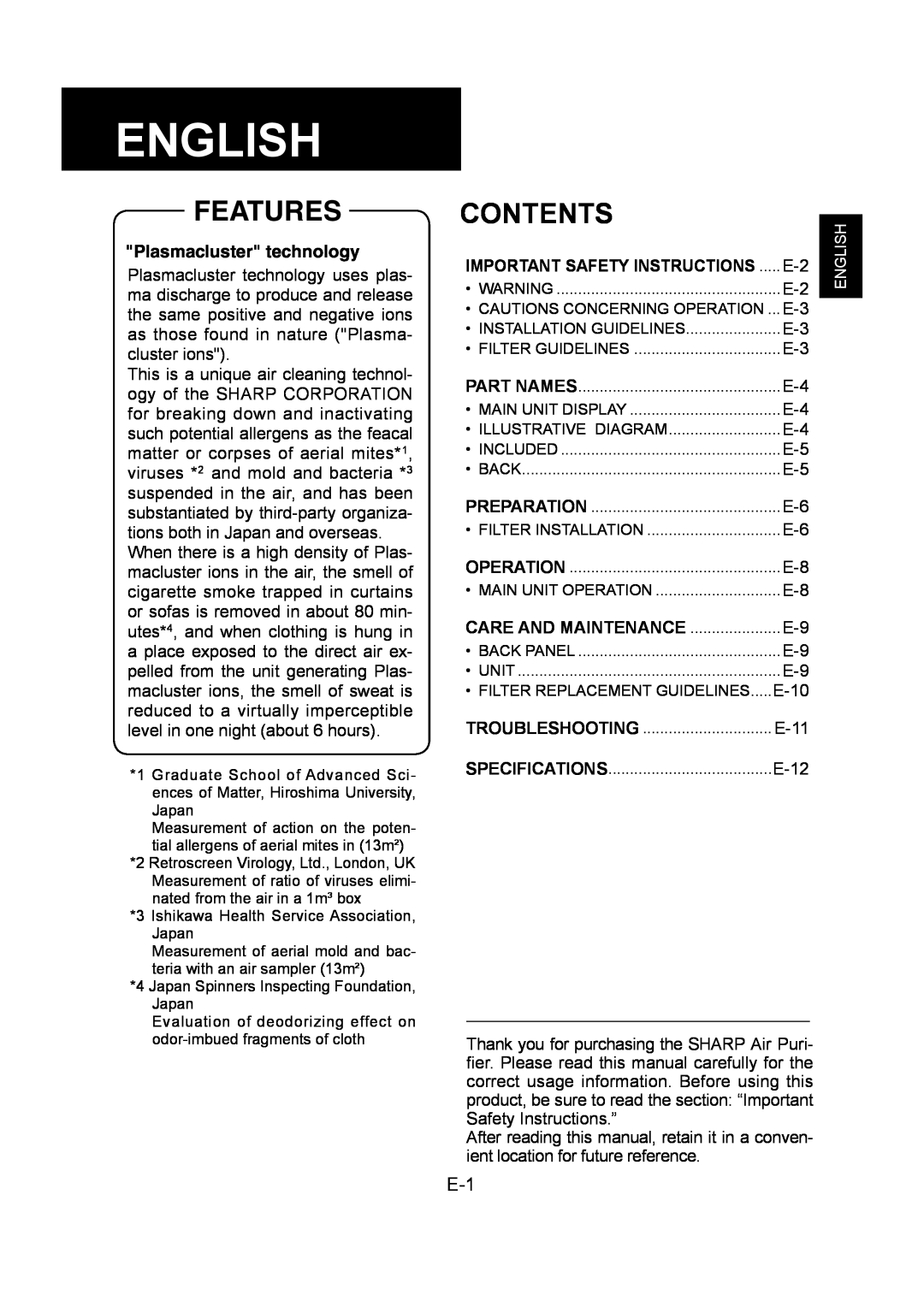 Sharp FU-Y30EU operation manual English, Features, Contents, Plasmacluster technology 