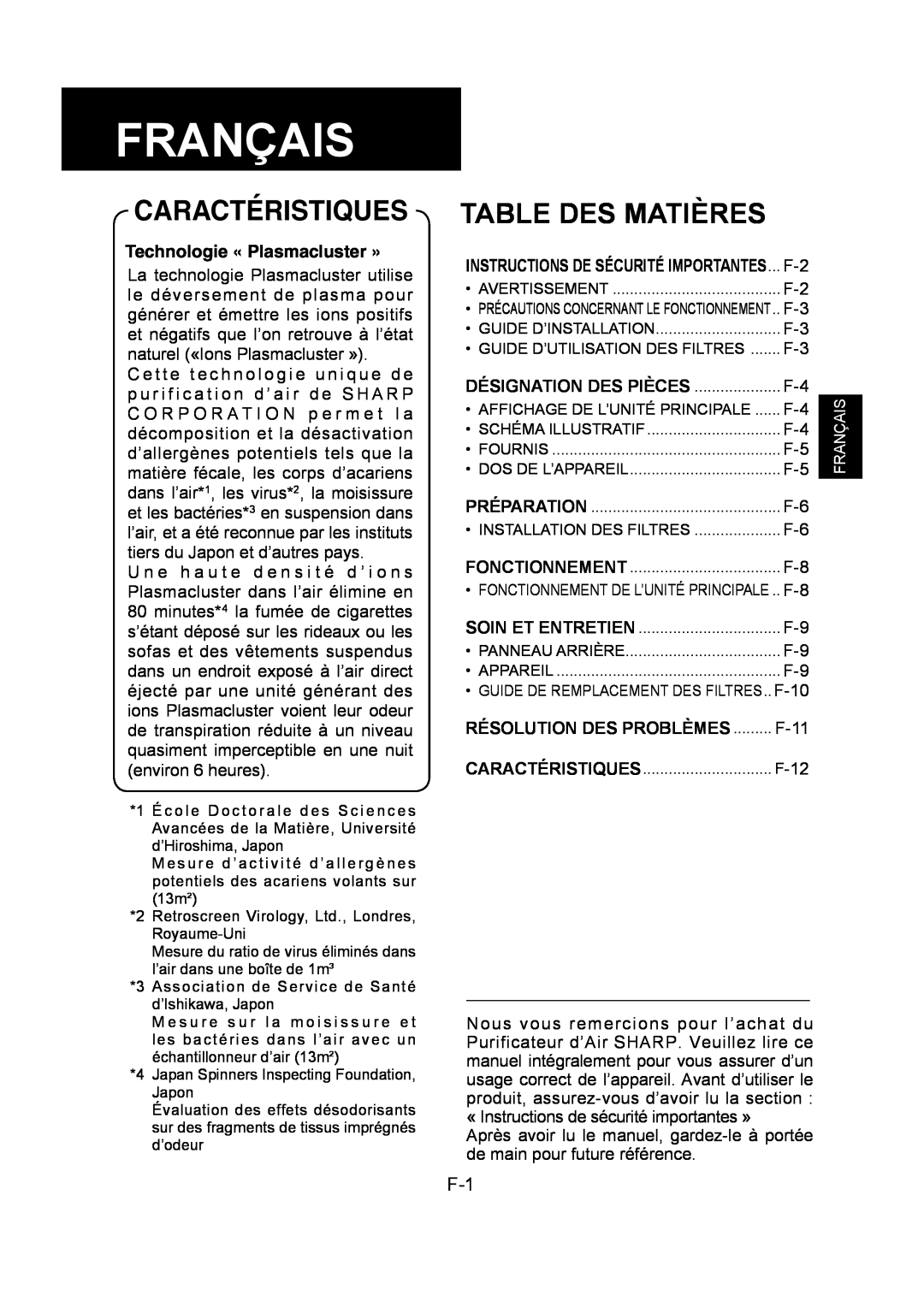 Sharp FU-Y30EU operation manual Français, Caractéristiques, Table Des Matières, Technologie « Plasmacluster » 