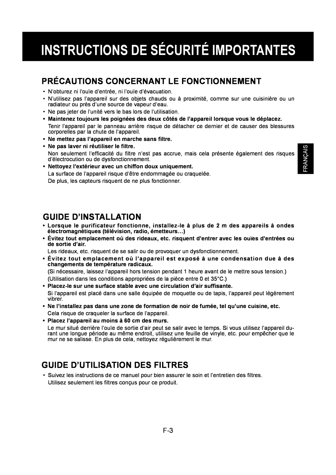Sharp FU-Y30EU Instructions De Sécurité Importantes, Précautions Concernant Le Fonctionnement, Guide D’Installation 