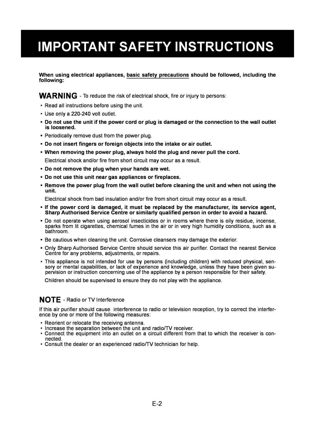 Sharp FU-Y30EU operation manual Important Safety Instructions 