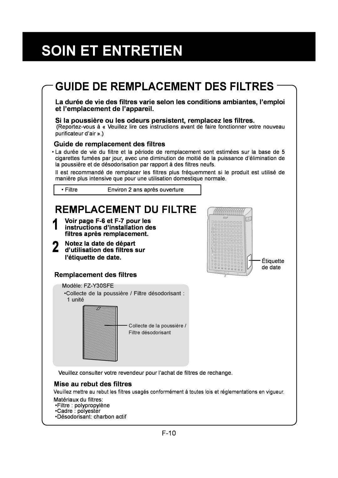 Sharp FU-Y30EU Guide De Remplacement Des Filtres, Remplacement Du Filtre, Soin Et Entretien, Remplacement des ﬁltres, F-10 