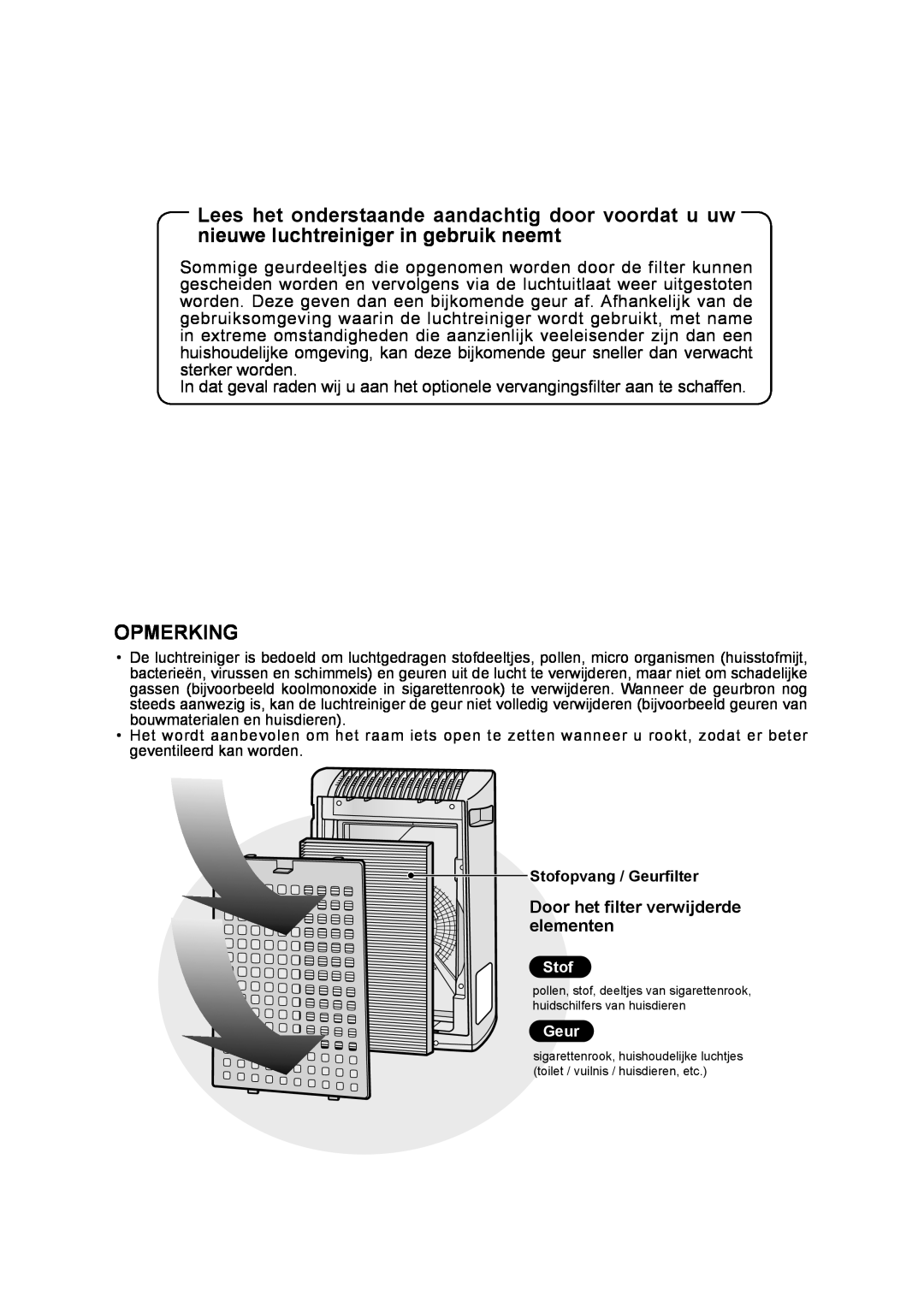 Sharp FU-Y30EU operation manual Opmerking, Door het filter verwijderde elementen 