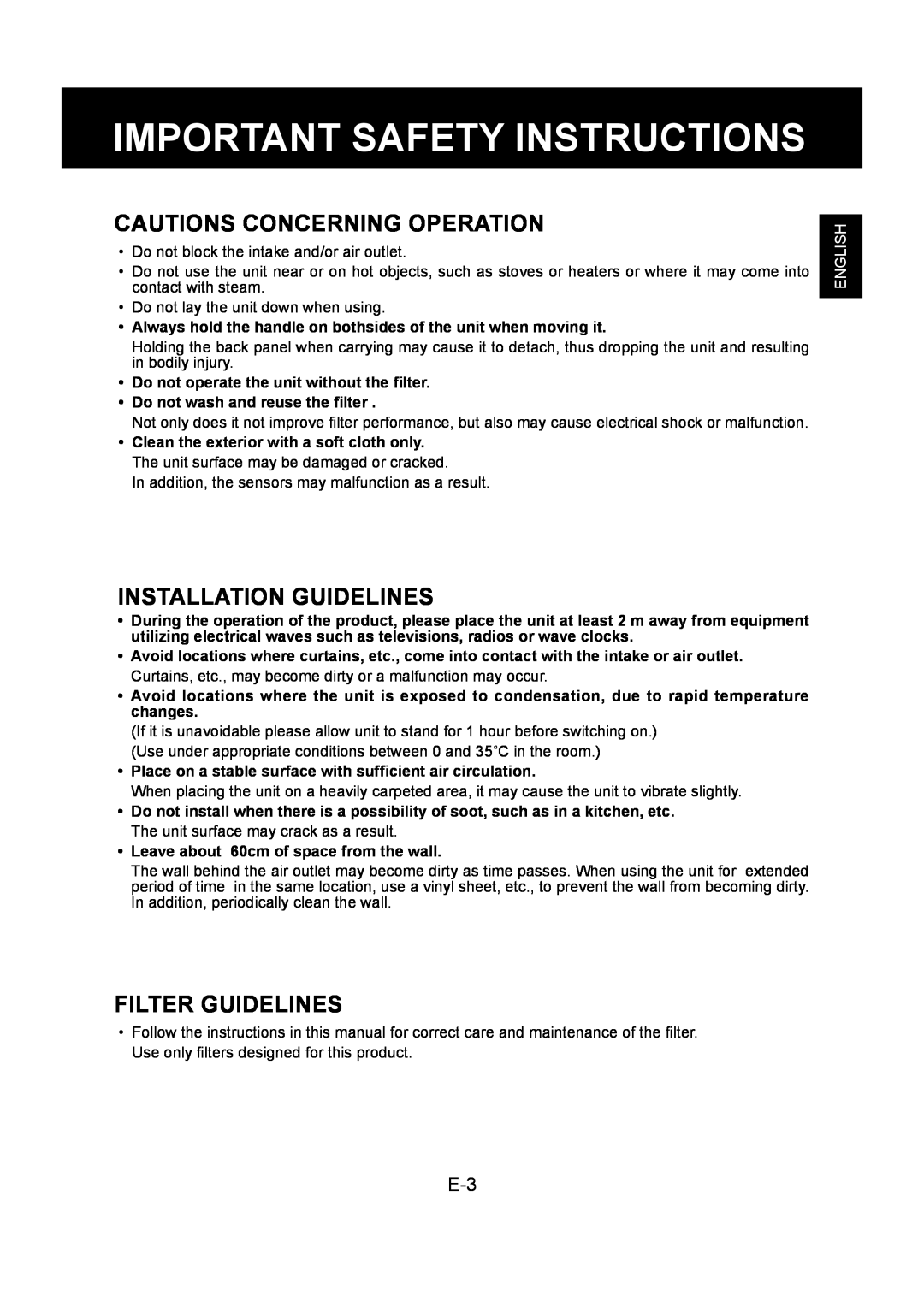 Sharp FU-Y30EU Important Safety Instructions, Cautions Concerning Operation, Installation Guidelines, Filter Guidelines 