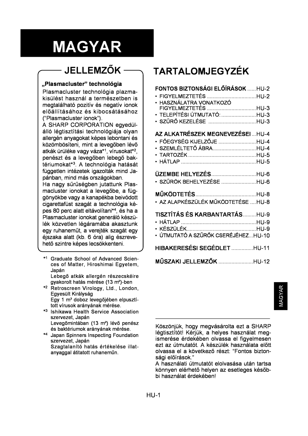 Sharp FU-Y30EU operation manual Magyar, Jellemzők, Tartalomjegyzék, HU-1, „Plasmacluster” technológia 
