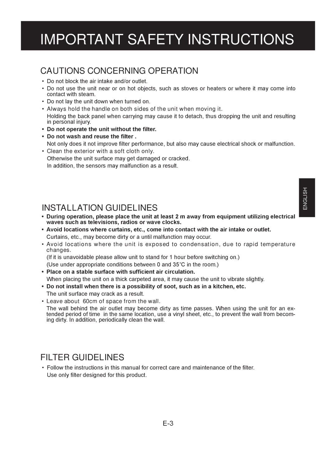 Sharp FU-Y30J-W operation manual Installation Guidelines 