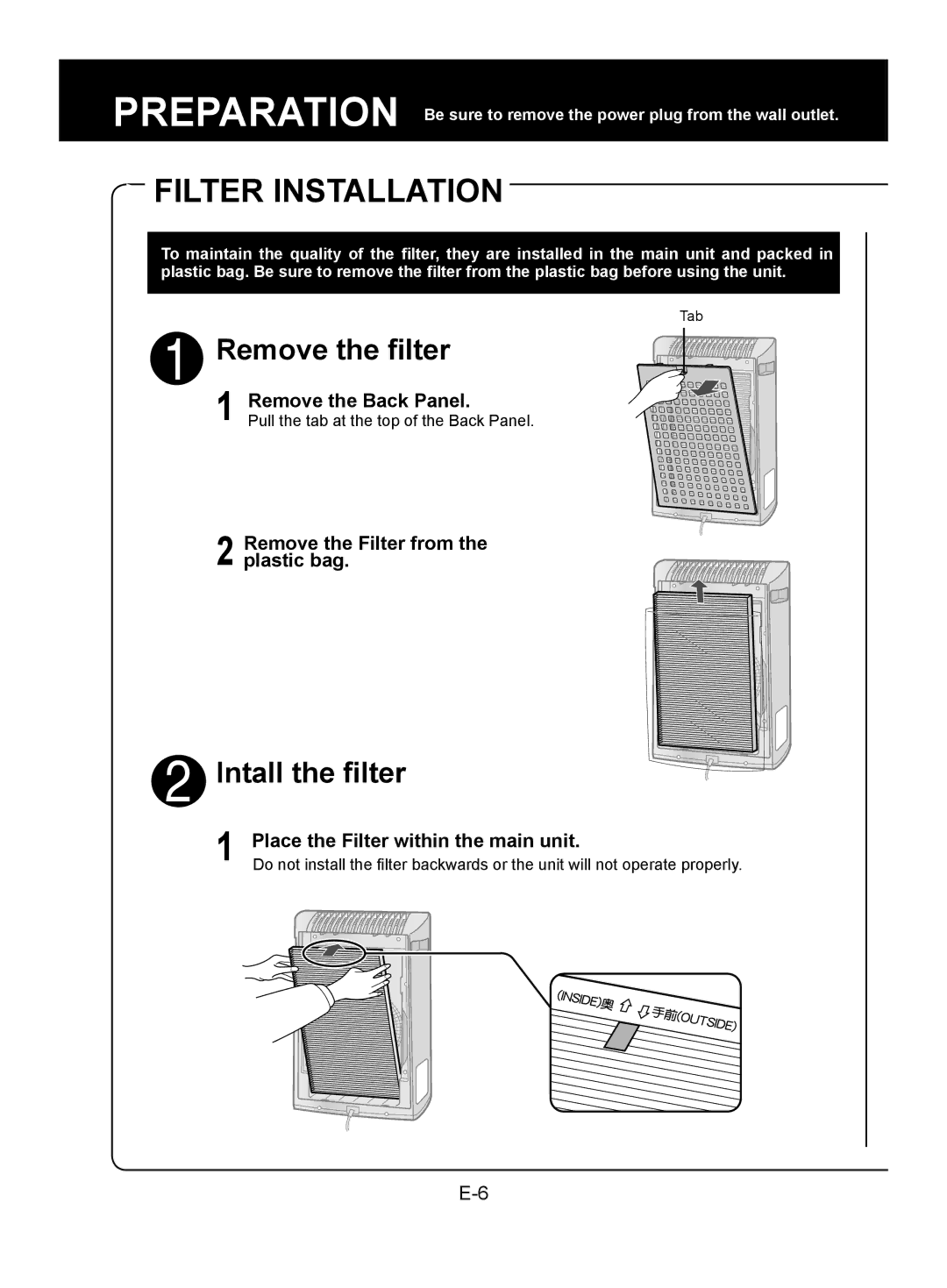 Sharp FU-Y30J-W operation manual Filter Installation, Remove the Back Panel, Remove the Filter from the plastic bag 