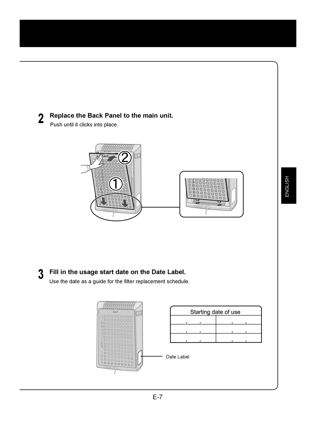 Sharp FU-Y30J-W operation manual Replace the Back Panel to the main unit, Fill in the usage start date on the Date Label 