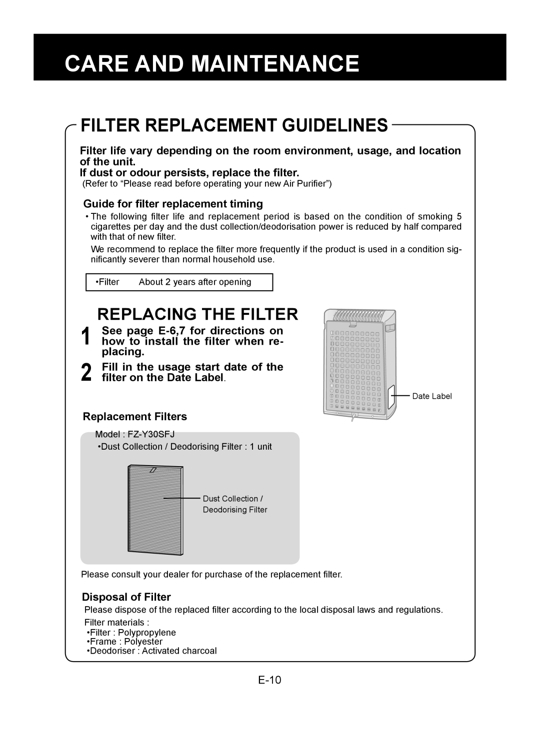 Sharp FU-Y30J-W Filter Replacement Guidelines, Replacing The Filter, If dust or odour persists, replace the filter, E-10 