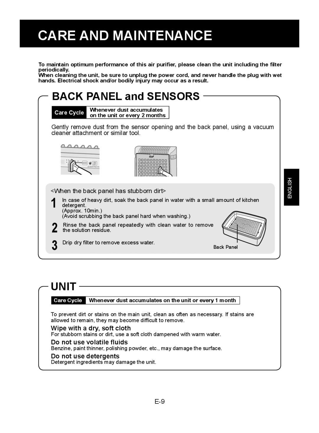 Sharp FU-Z31E operation manual Care and Maintenance, Unit, Whenever dust accumulates On the unit or every 2 months 