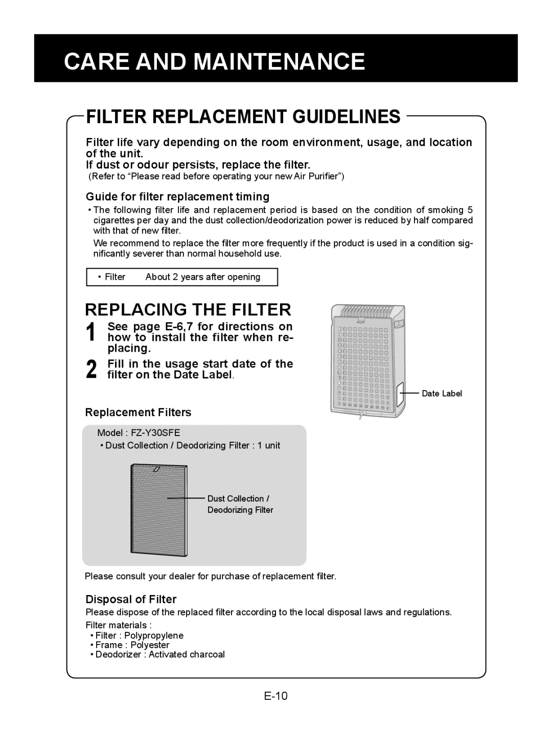 Sharp FU-Z31E operation manual Filter Replacement Guidelines, Filter About 2 years after opening, Model FZ-Y30SFE 