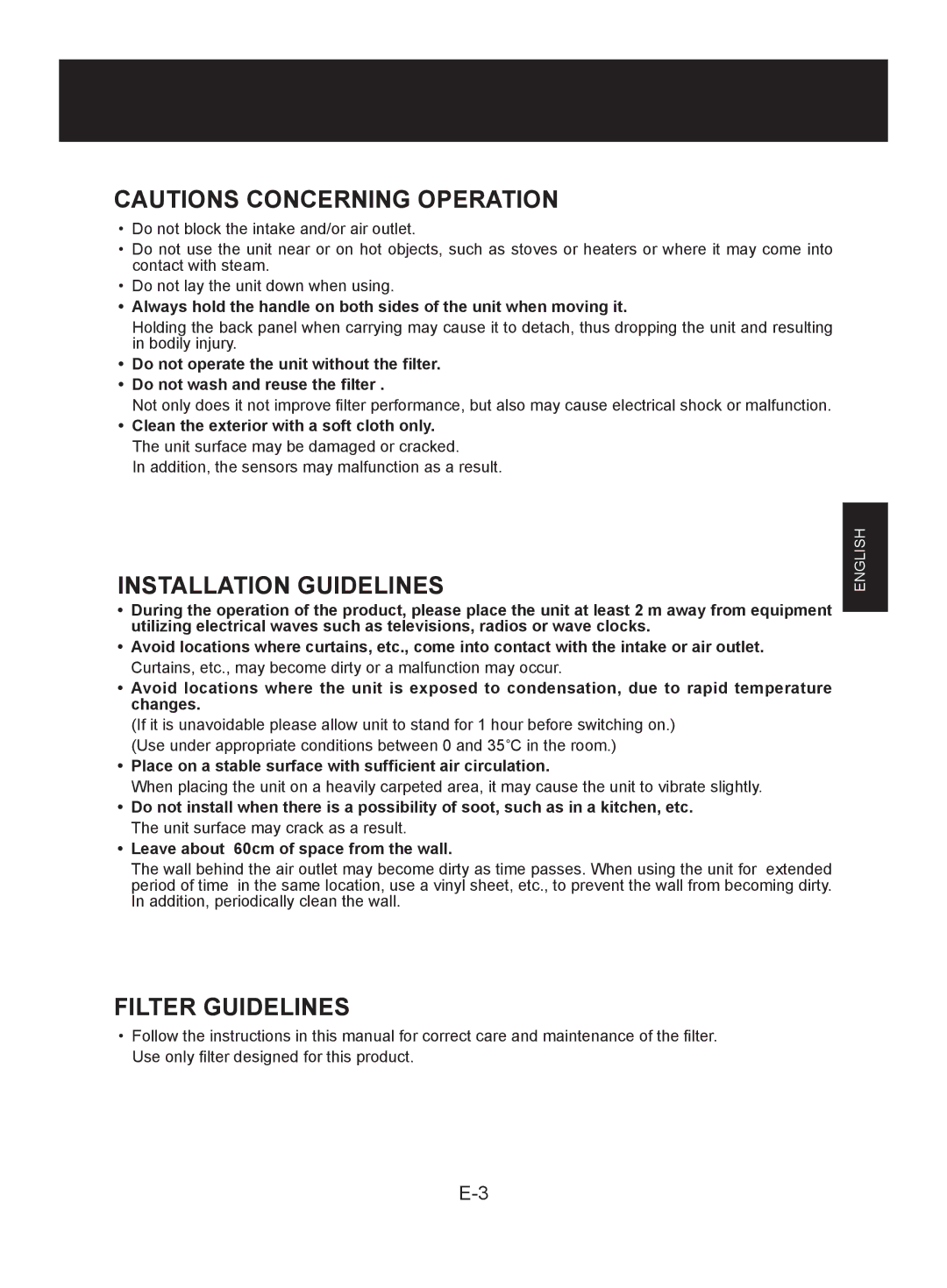 Sharp FU-Z31E Installation Guidelines, Filter Guidelines, Place on a stable surface with sufficient air circulation 