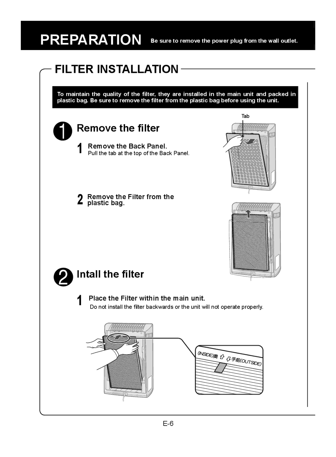 Sharp FU-Z31E operation manual Filter Installation, Remove the filter 