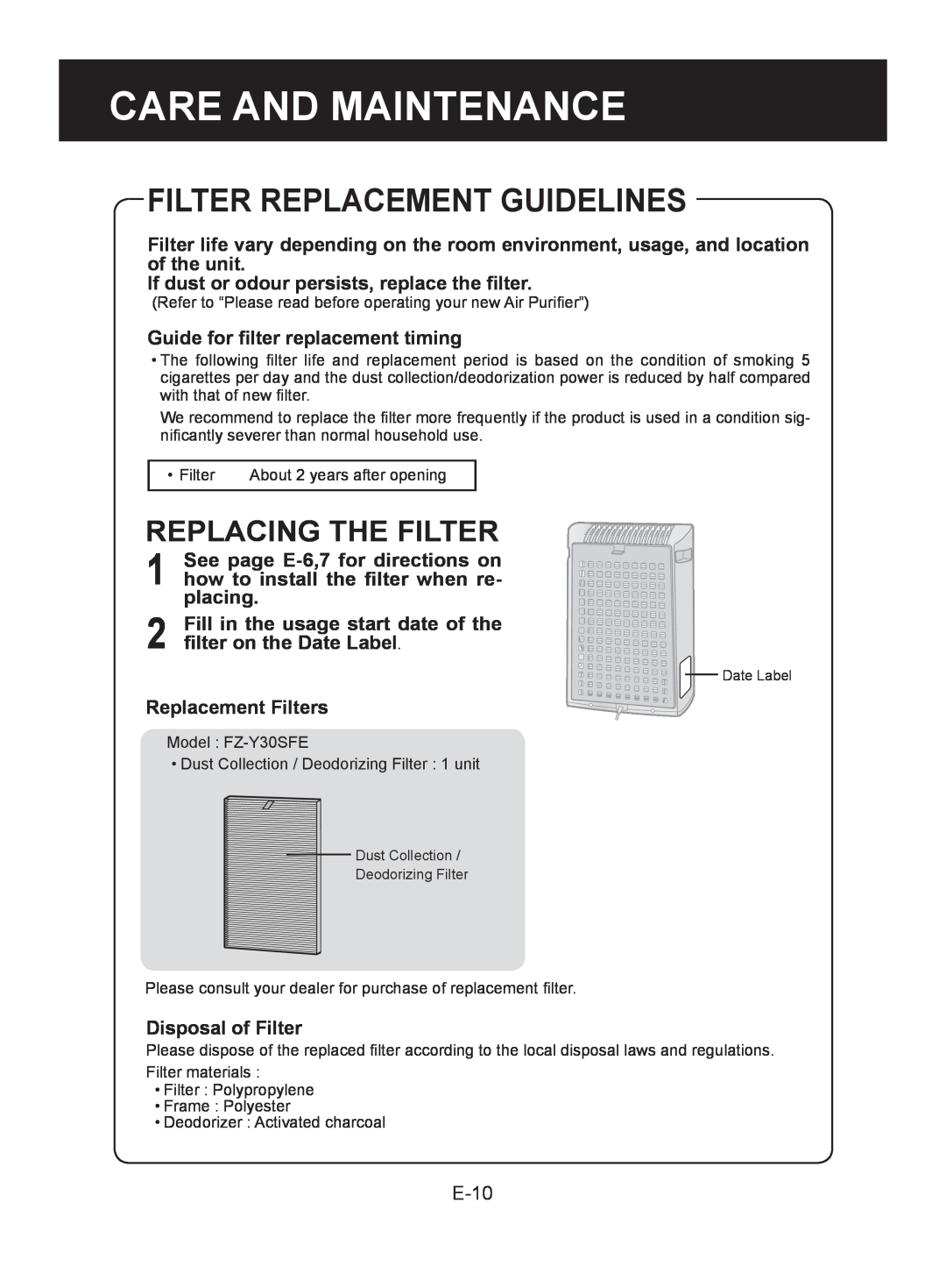 Sharp FU-Z31E operation manual Filter Replacement Guidelines, Replacing The Filter, Care And Maintenance 