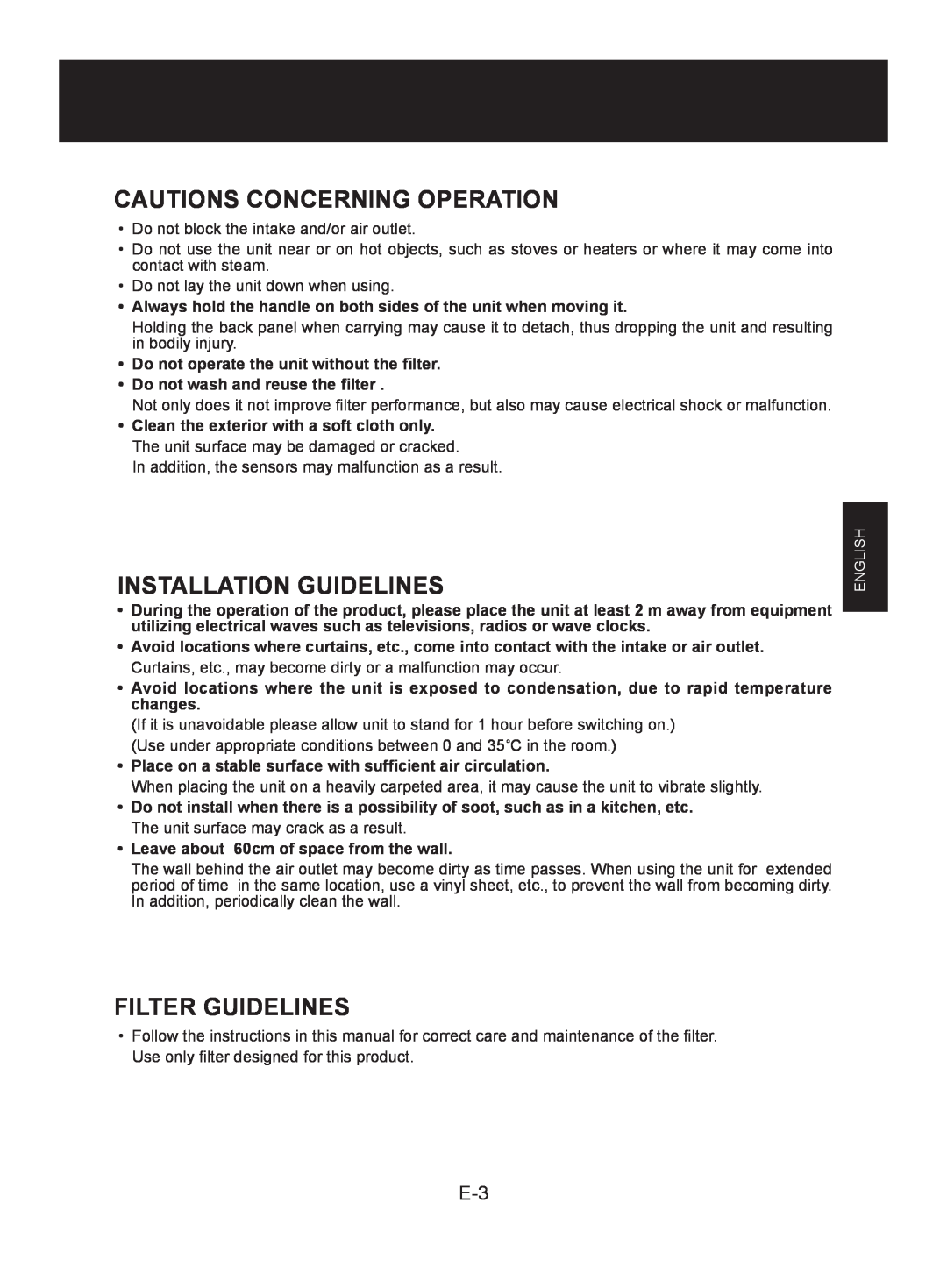 Sharp FU-Z31E operation manual Cautions Concerning Operation, Installation Guidelines, Filter Guidelines 