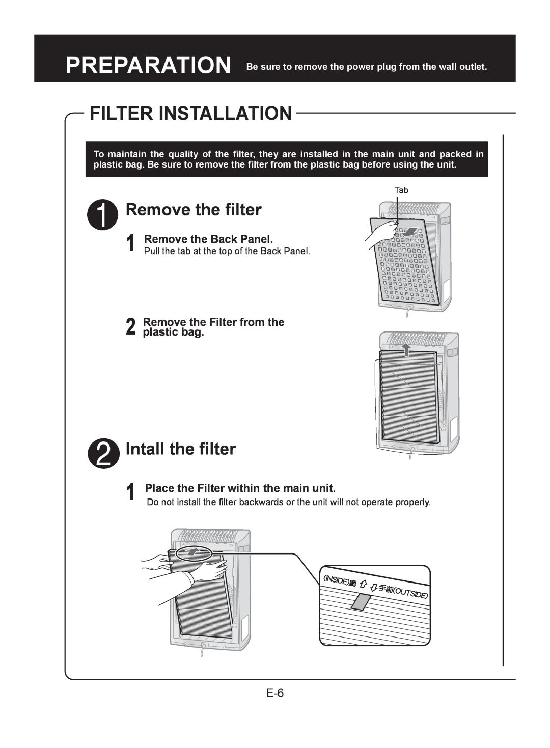 Sharp FU-Z31E operation manual Filter Installation, Remove the filter, Intall the filter 