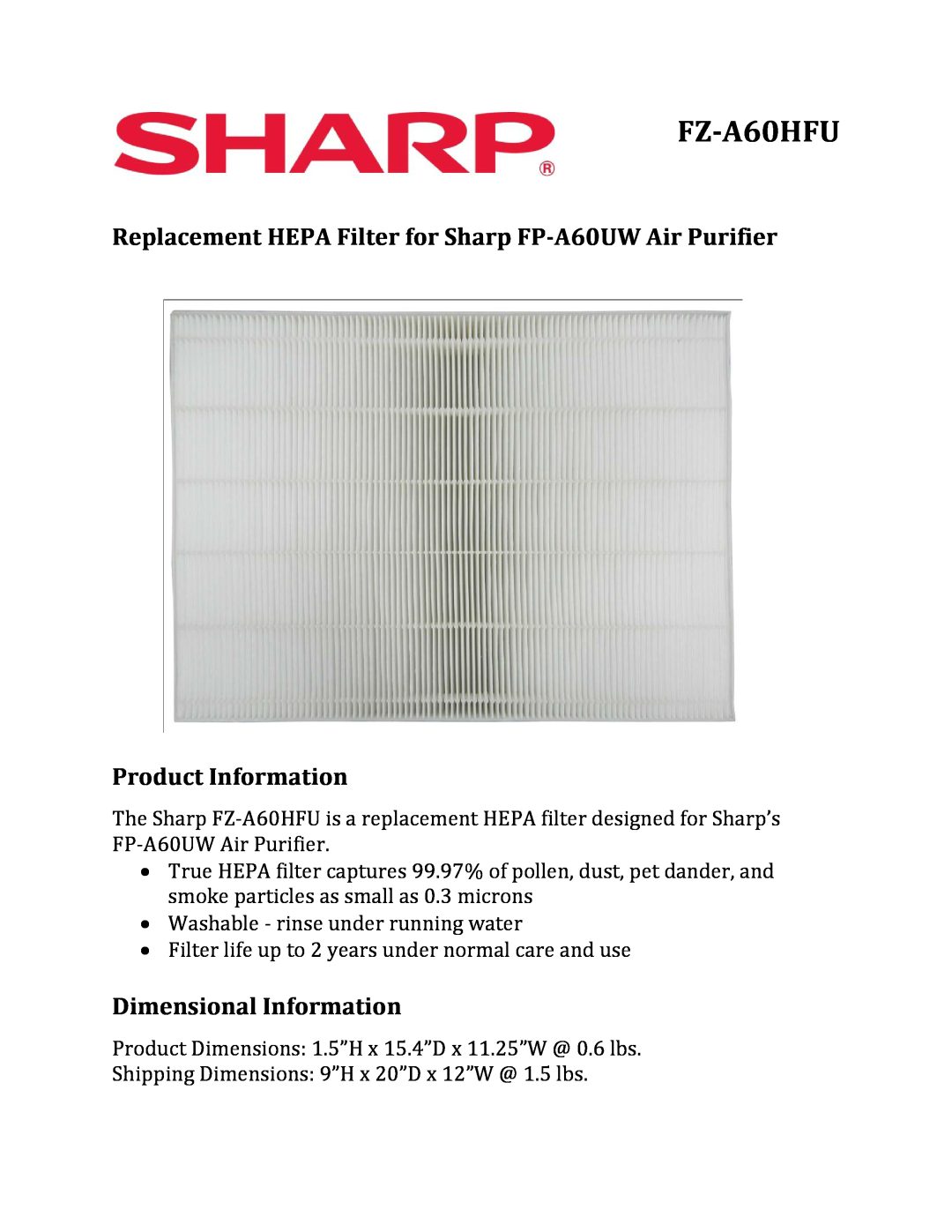 Sharp FZ-A60HFU dimensions Product Information, Dimensional Information 