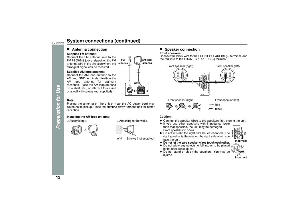 Sharp G14000 Preparation for Use, Antenna connection, Supplied FM antenna, Front speakers, Installing the AM loop antenna 