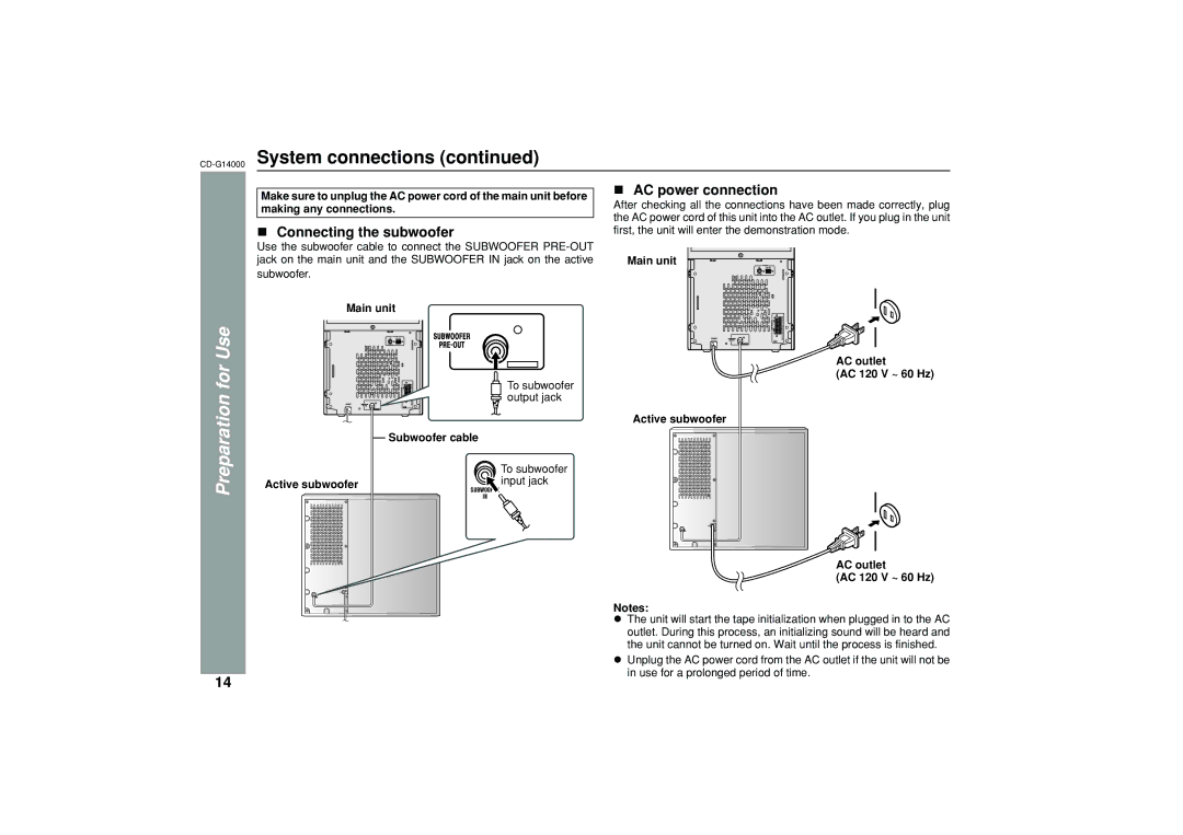 Sharp G14000 operation manual Connecting the subwoofer, AC power connection, Main unit, Subwoofer cable 