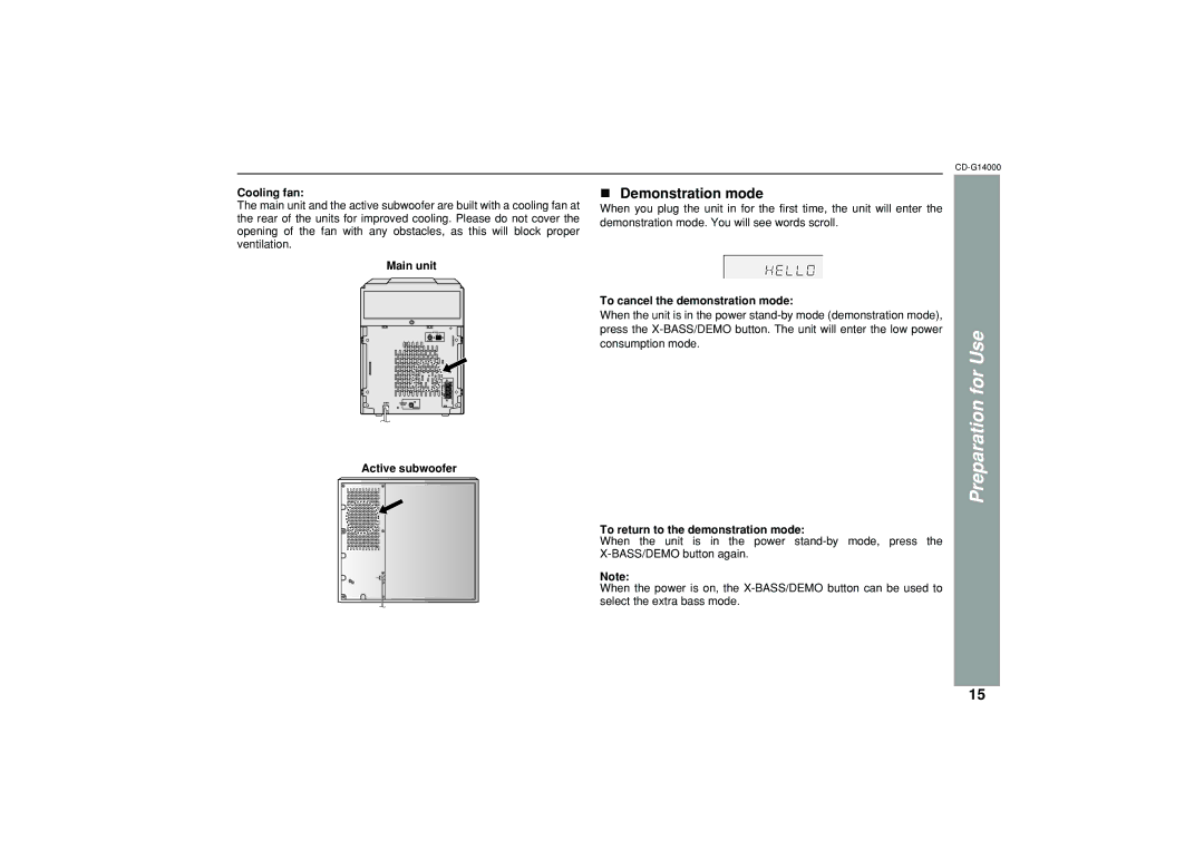 Sharp G14000 Demonstration mode, Cooling fan, To cancel the demonstration mode, To return to the demonstration mode 