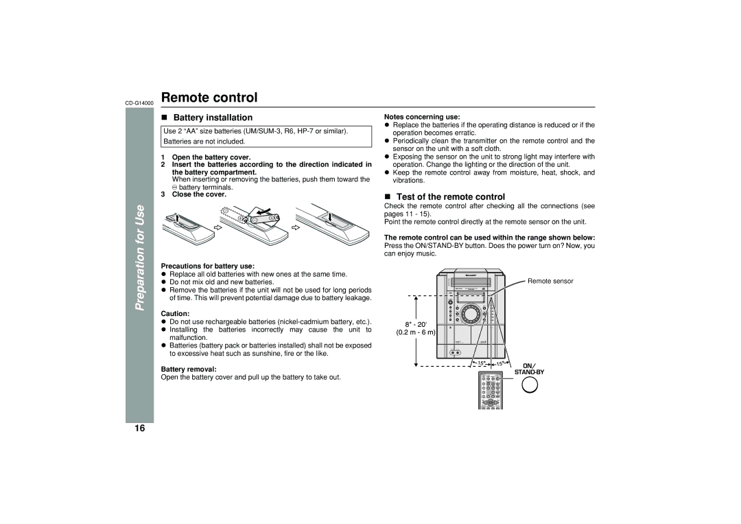 Sharp operation manual CD-G14000Remote control, Battery installation, Test of the remote control 