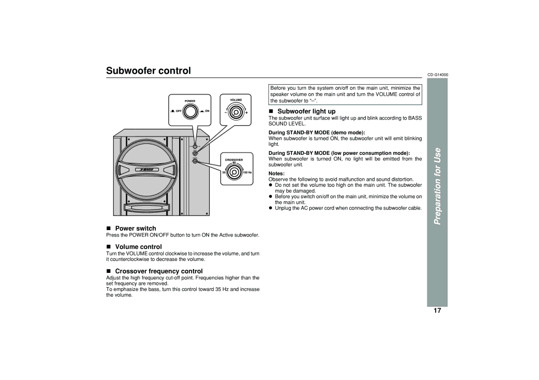 Sharp G14000 operation manual Subwoofer control, Subwoofer light up, Power switch, Crossover frequency control 