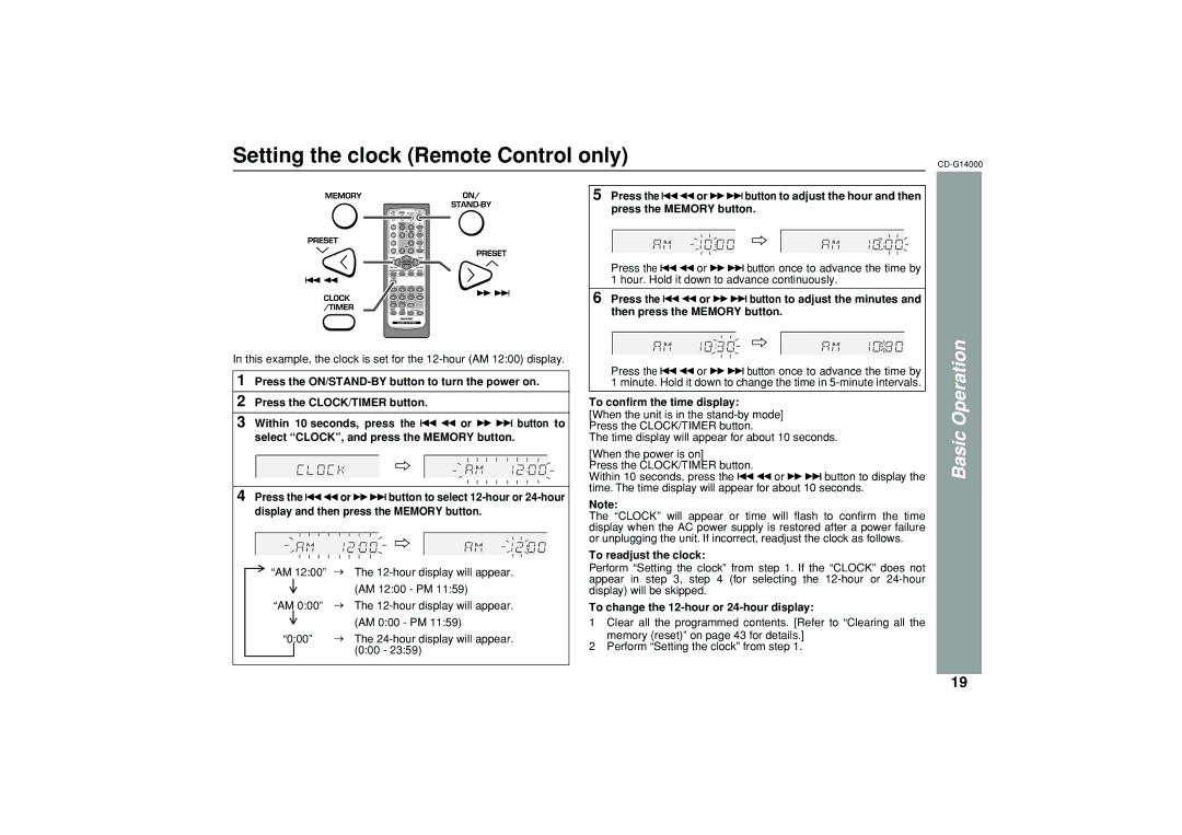 Sharp G14000 operation manual Setting the clock Remote Control only, To confirm the time display, To readjust the clock 