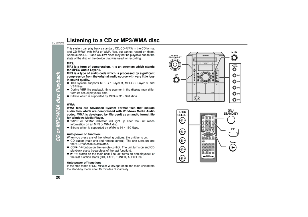 Sharp operation manual CD-G14000Listening to a CD or MP3/WMA disc, CD or MP3/WMA disc Playback, Auto power on function 