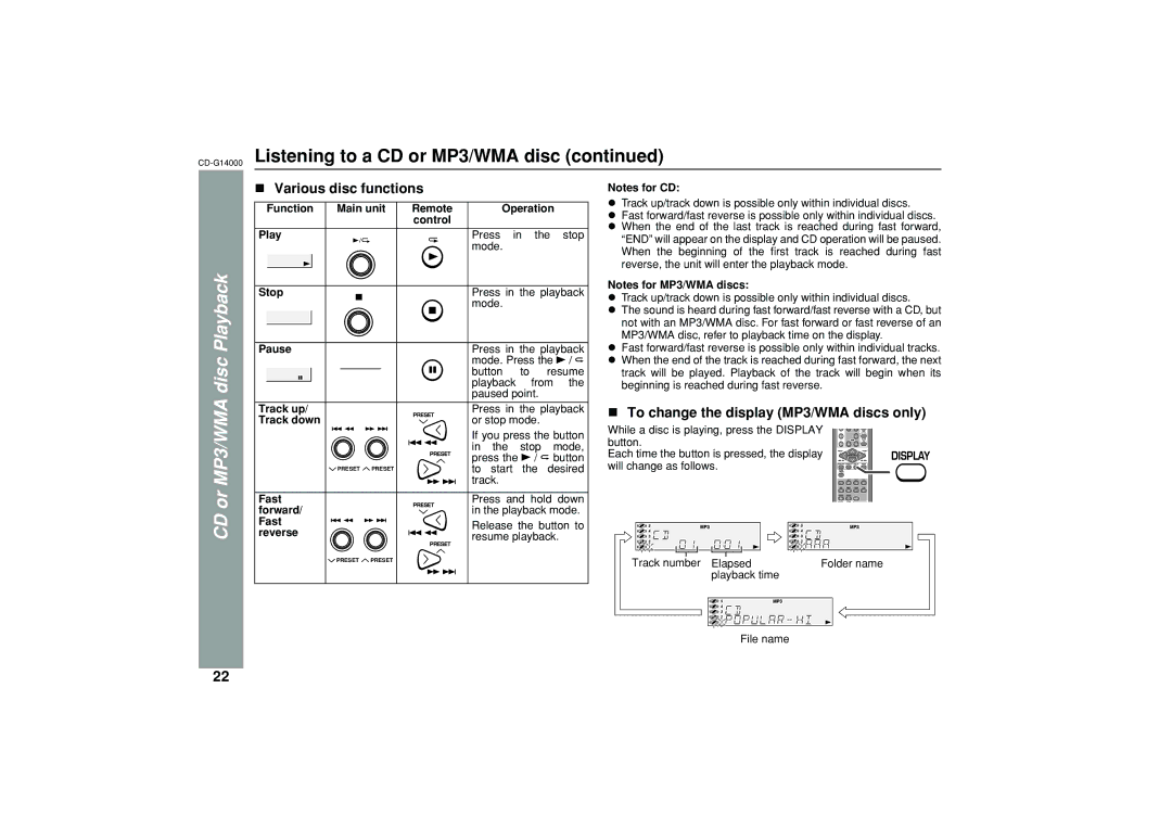 Sharp G14000 operation manual Playback, Various disc functions, To change the display MP3/WMA discs only 