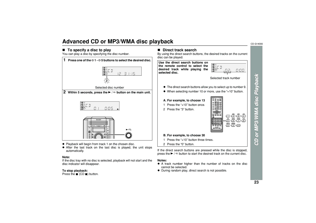 Sharp G14000 Advanced CD or MP3/WMA disc playback, To specify a disc to play, Direct track search, To stop playback 