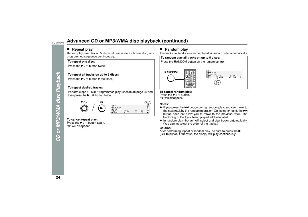 Sharp G14000 operation manual Repeat play, Random play 