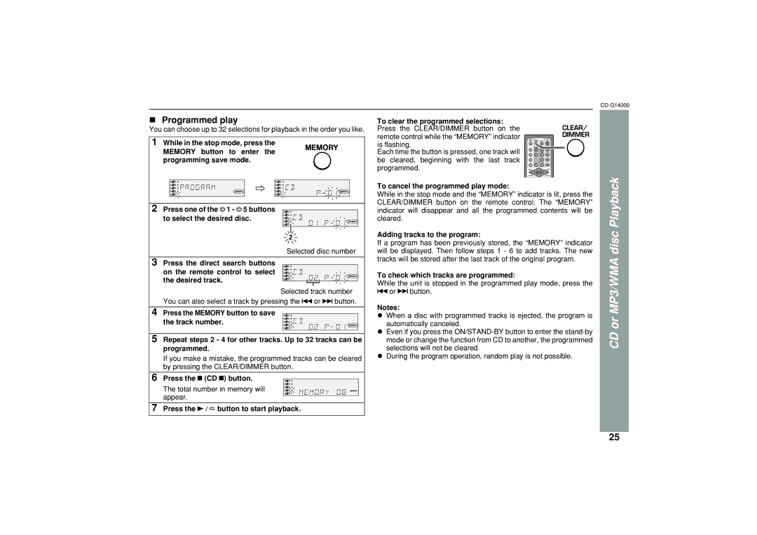 Sharp G14000 operation manual Programmed play, To cancel the programmed play mode, Adding tracks to the program 