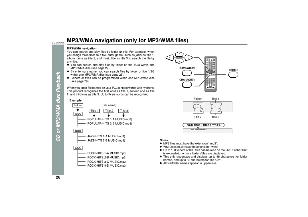 Sharp operation manual CD-G14000MP3/WMA navigation only for MP3/WMA files, CD or, Example 