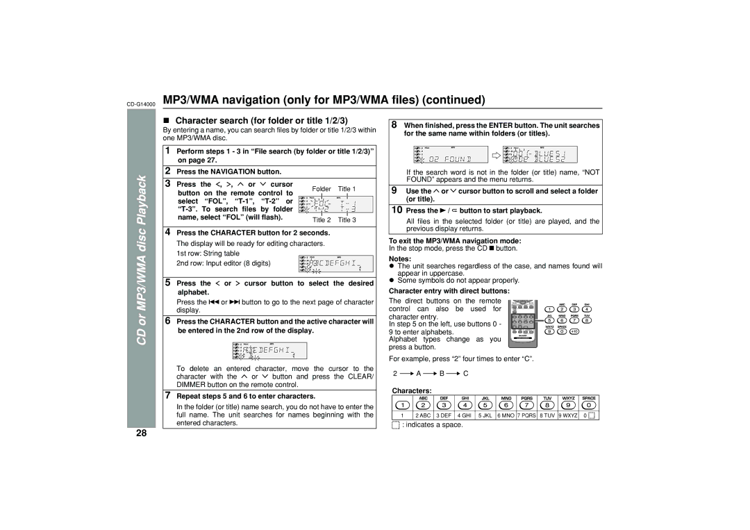 Sharp G14000 operation manual Character search for folder or title 1/2/3 