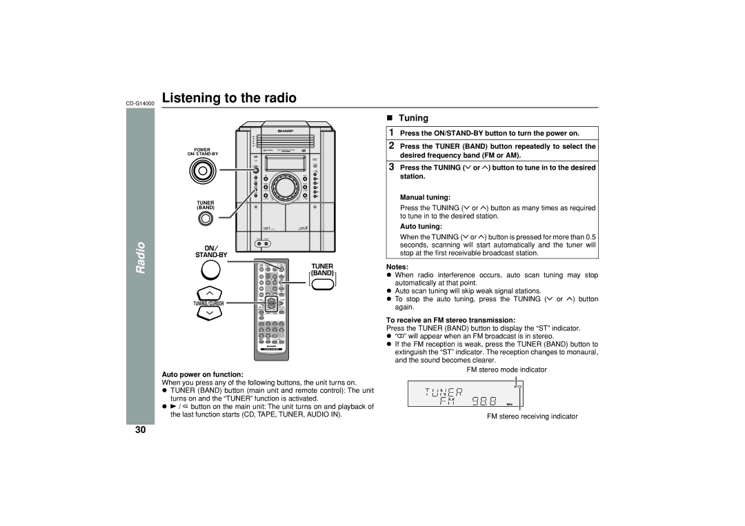 Sharp G14000 operation manual Listening to the radio, Radio, Tuning, Auto tuning, To receive an FM stereo transmission 