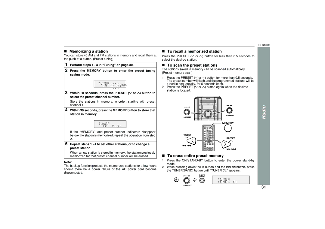 Sharp G14000 operation manual Memorizing a station, To recall a memorized station, To scan the preset stations 