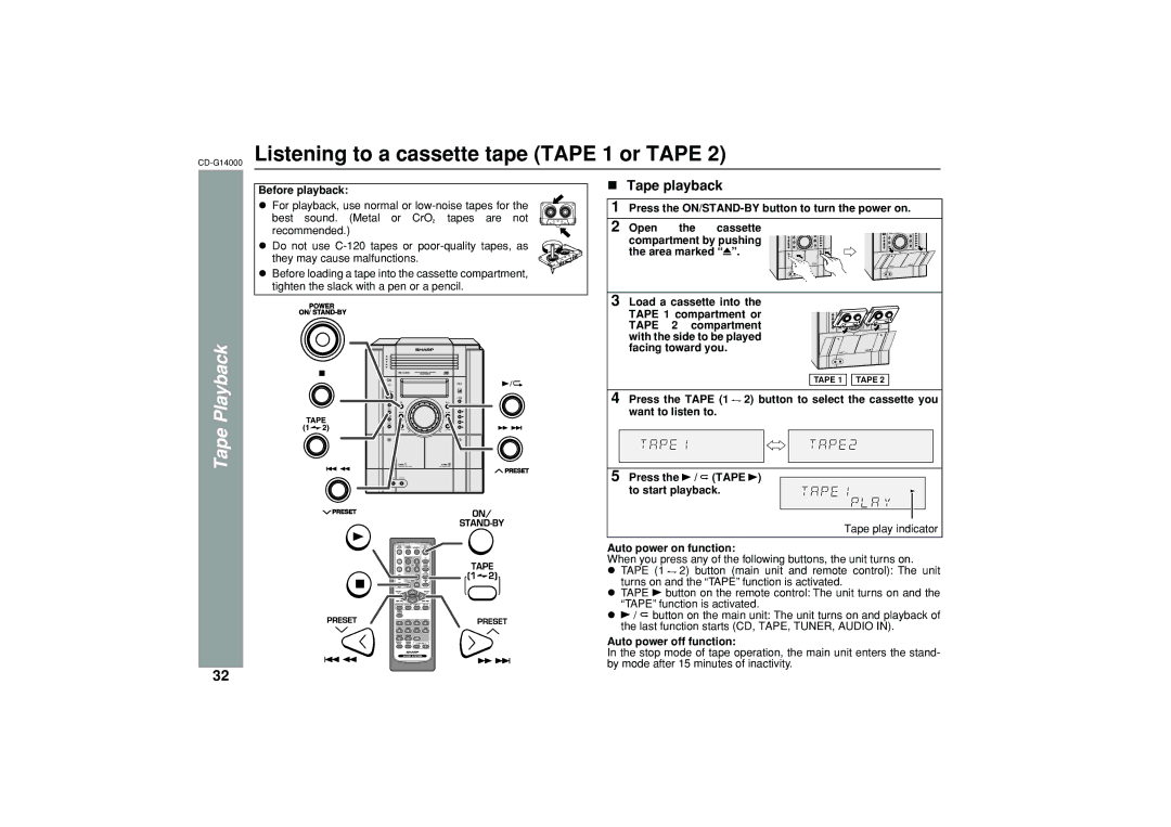 Sharp CD-G14000Listening to a cassette tape Tape 1 or Tape, Tape Playback, Before playback, Load a cassette into 