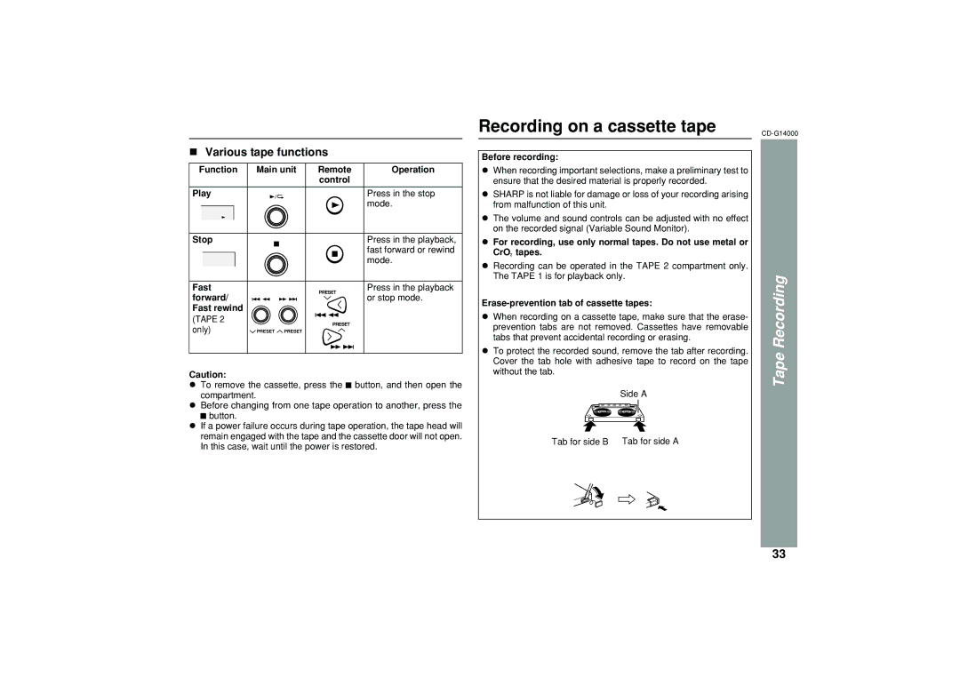 Sharp G14000 operation manual Recording on a cassette tape, Tape Recording, Various tape functions 