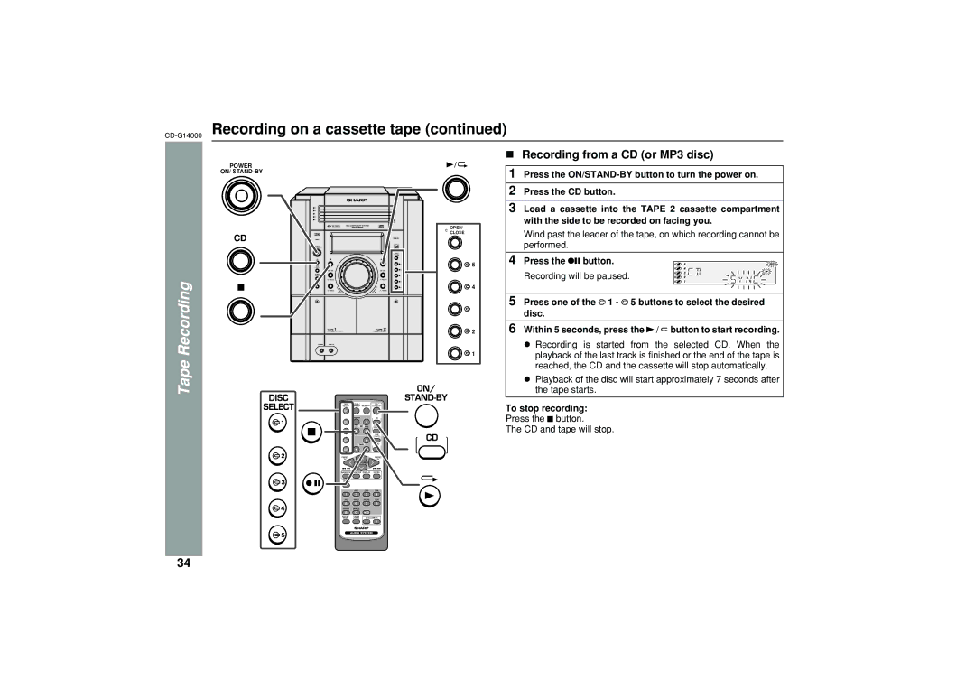 Sharp G14000 operation manual Recording from a CD or MP3 disc, Press the button, To stop recording 