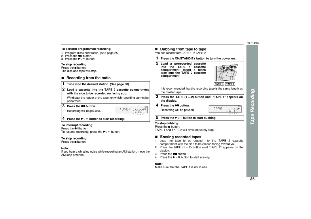 Sharp G14000 operation manual Recording from the radio, Dubbing from tape to tape, Erasing recorded tapes 