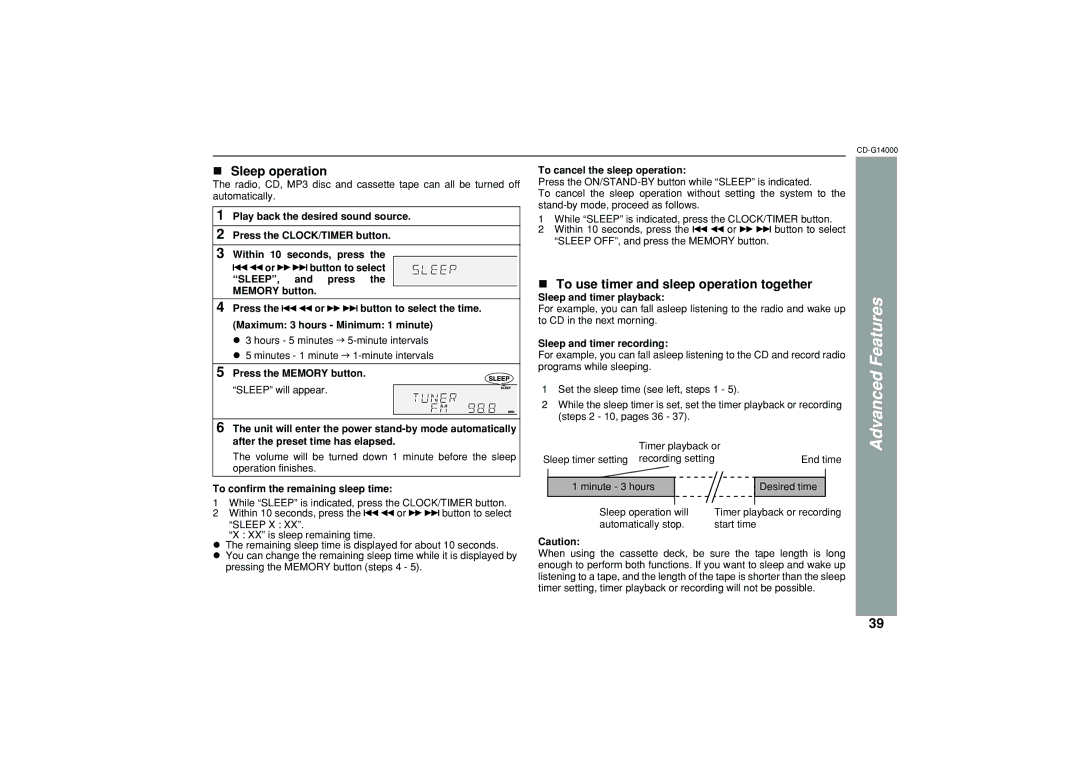 Sharp G14000 operation manual Sleep operation, To use timer and sleep operation together 