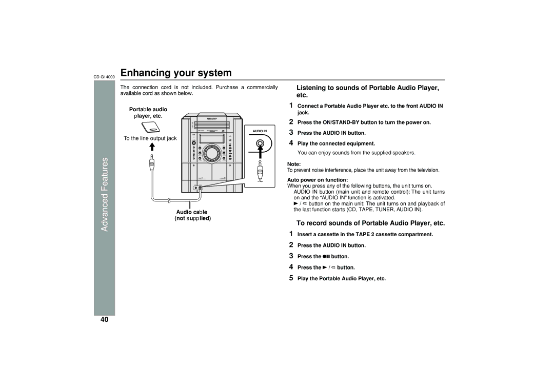 Sharp CD-G14000Enhancing your system, Listening to sounds of Portable Audio Player, etc, Portable audio Player, etc 