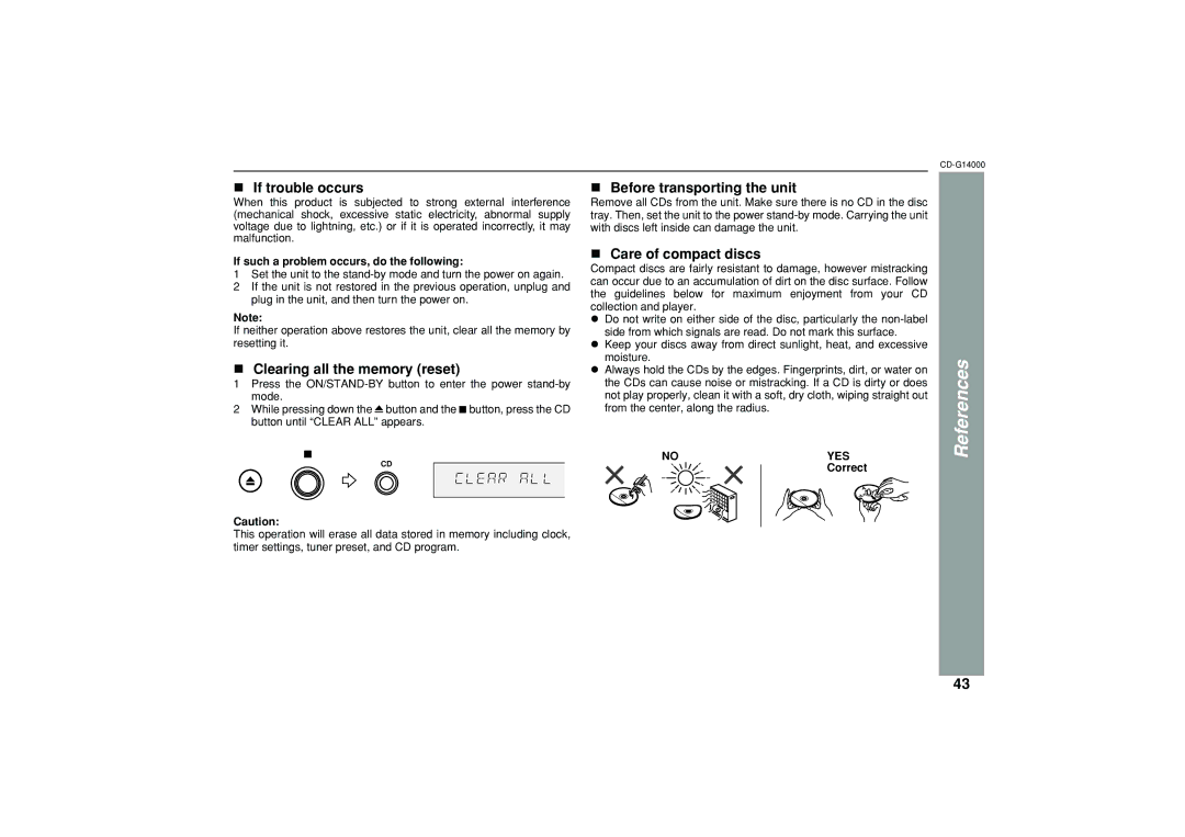 Sharp G14000 If trouble occurs, Clearing all the memory reset, Before transporting the unit, Care of compact discs 